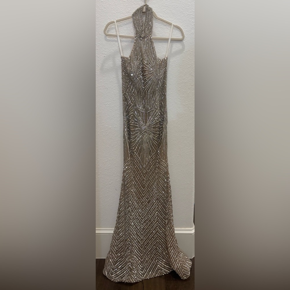 Portia and Scarlett Silver Halter Prom Dress